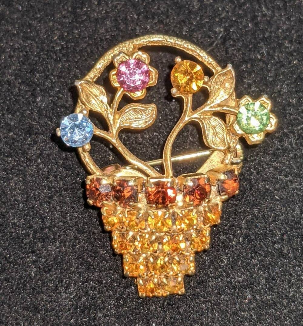Vintage Cornucopia Flower Bouquet Basket Rhinestone Pin Brooch Multicolor